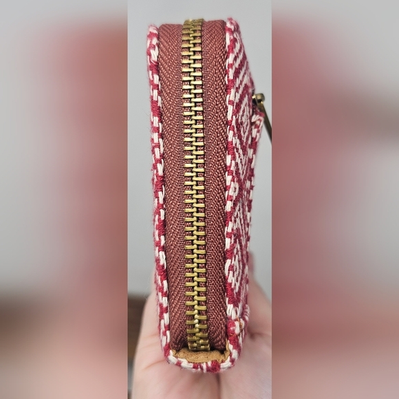 Fossil Jori Zip Clutch Wristlet RFID Wallet Leather Fabric Red White Brown NWOT - Picture 5 of 16